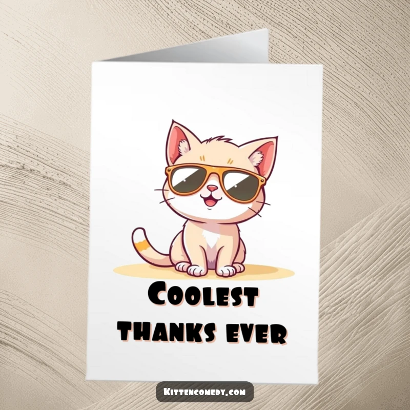 Funny Free Printable Thank You Card: A kitten with sunglasses is happily sunbathing, conveying thanks in a super cool way, downloadable.