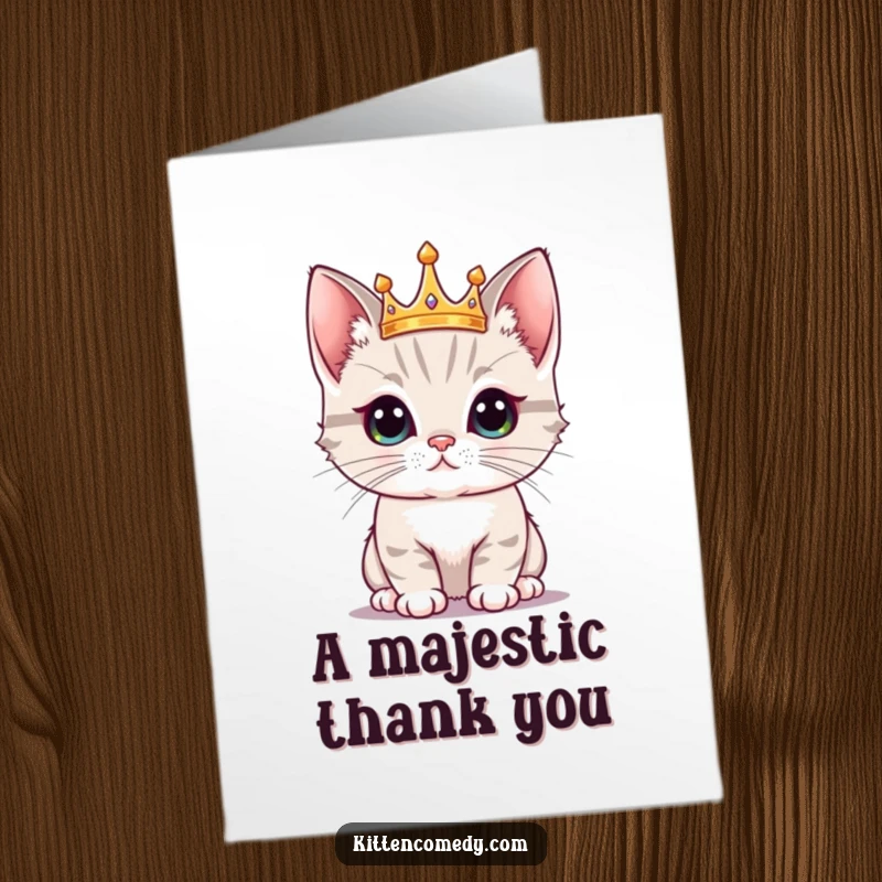 Funny Free Printable Thank You Card: A proud kawaii kitten wearing a tiny crown, conveying thanks with adorable royalty, downloadable.