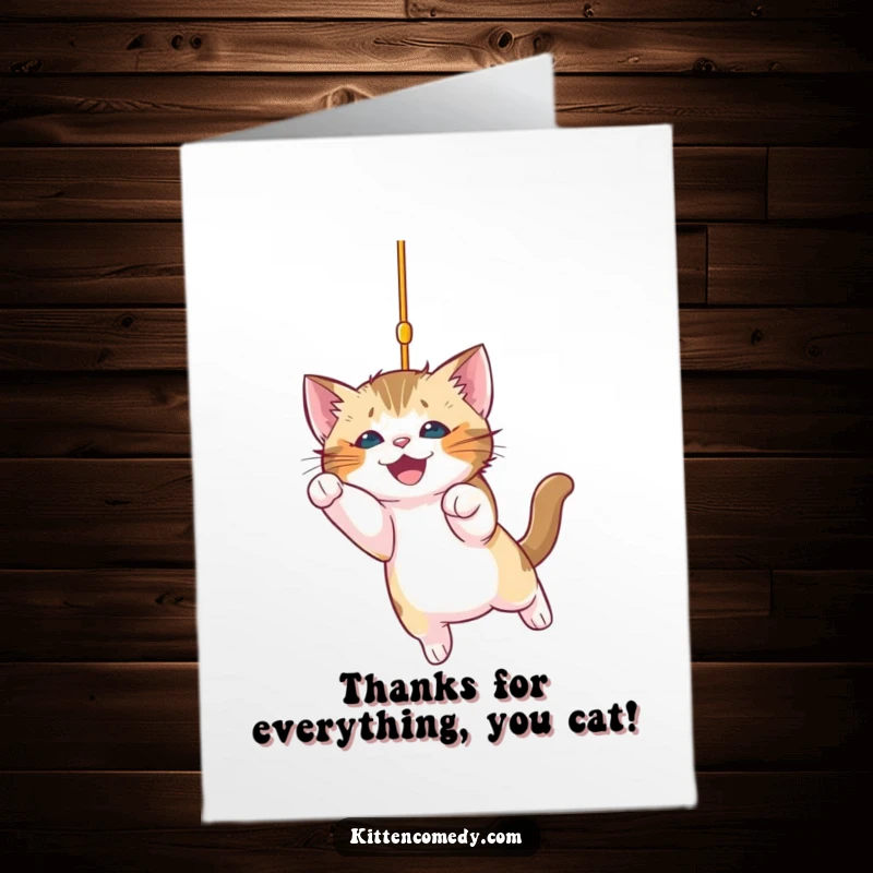 Funny Free Printable Thank You Card: Playful kitten leaps for joy, pouncing on a string with gratitude.