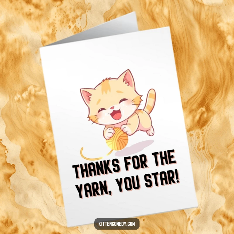 Funny Free Printable Thank You Card: A kitten playfully tumbles after a glowing ball of yarn.