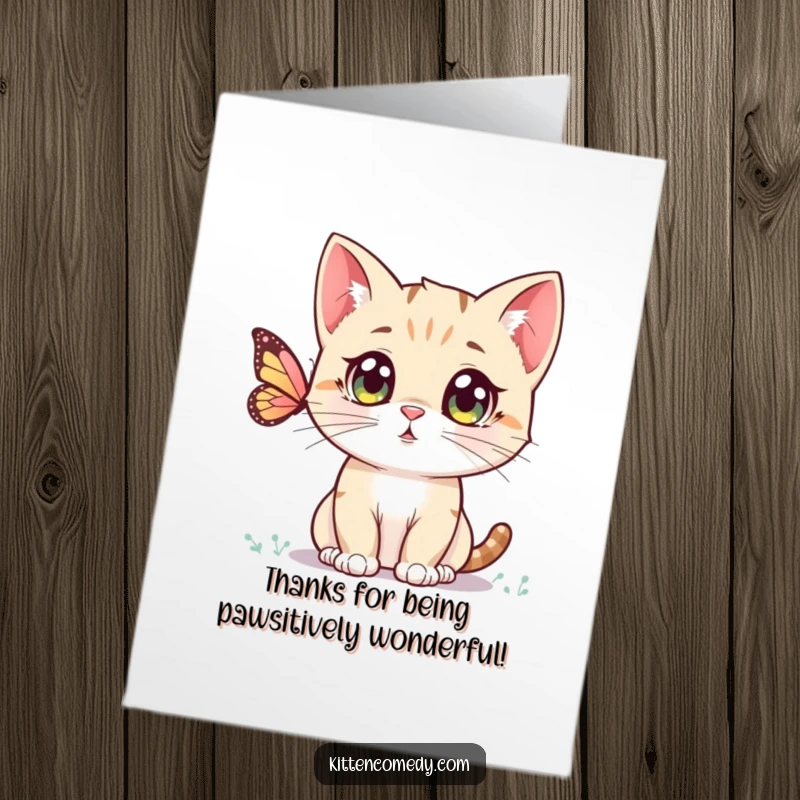 Funny Free Printable Thank You Card: A Kawaii kitten is captivated by a butterfly, expressing gratitude with sweet curiosity.