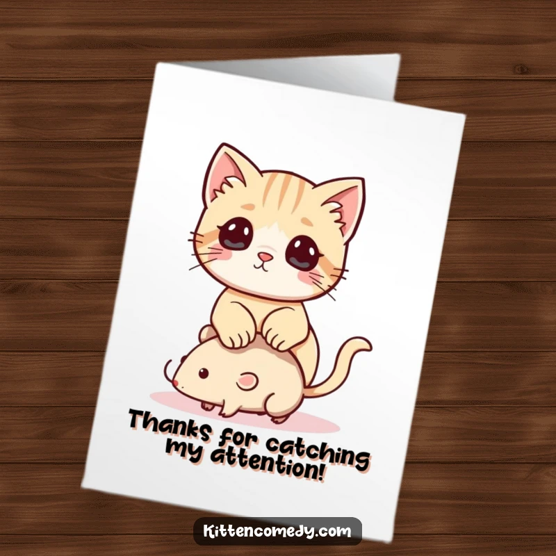 Funny Free Printable Thank You Card: A playful Kawaii kitten sits on a toy mouse, offering a cute thank you.