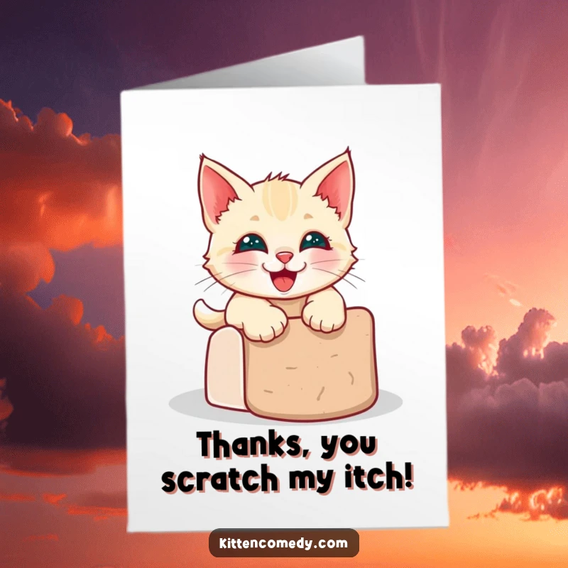 Funny Free Printable Thank You Card: A kawaii kitten with a huge grin slides down a scratching post, saying thanks.