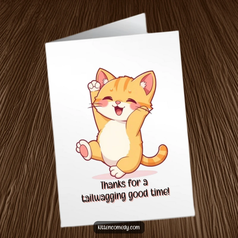 Funny free printable thank you card of a joyful kitten doing a happy somersault, tail pointing skyward.