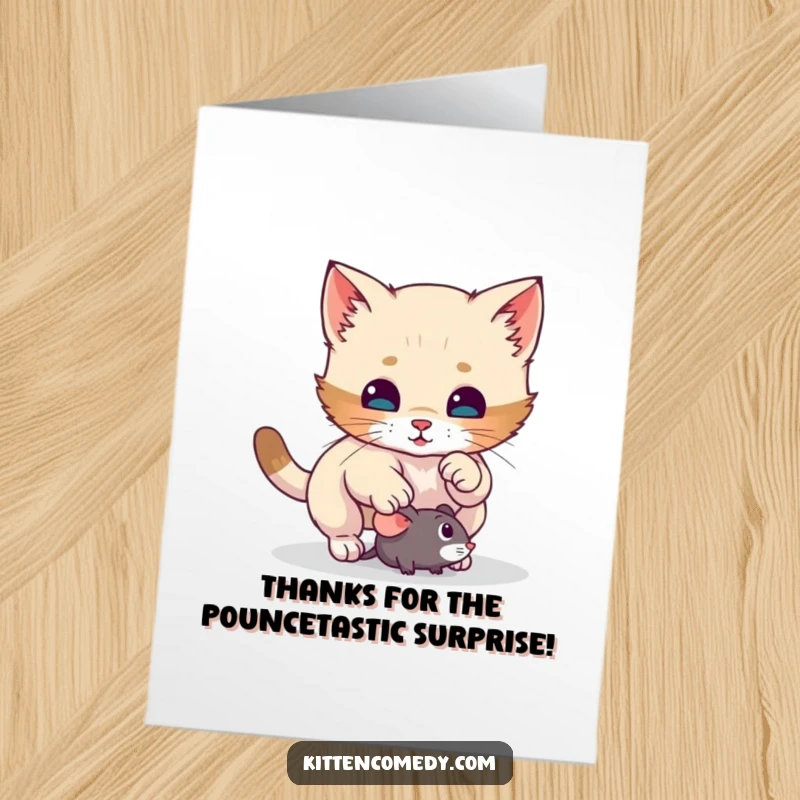 Funny Free Printable Thank You Card: A cute kitten about to pounce on a toy mouse, sending thanks with humor.