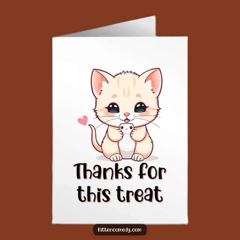 Express your thanks with this free printable card featuring a kitten offering a cherished toy mouse. Print at home for a cute message.