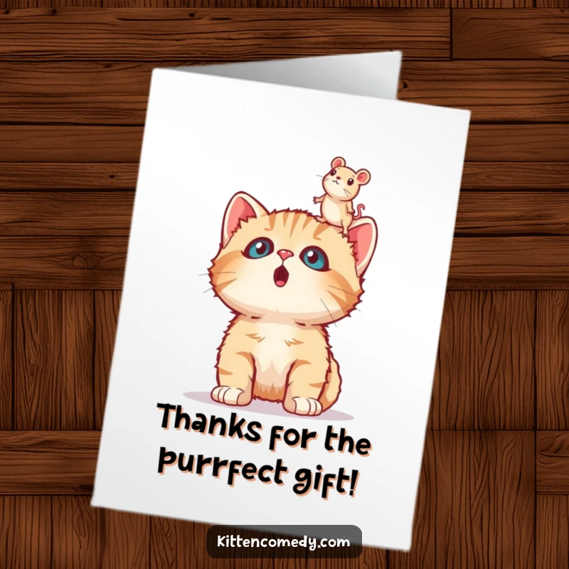 Funny Free Printable Thank You Card displaying a wide-eyed kitten caught off guard by a hovering toy mouse, perfect for a unique DIY gift.