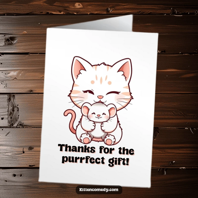 Funny Free Printable Thank You Card: Winking kitten offers a tiny mouse toy with a mischievous smile.