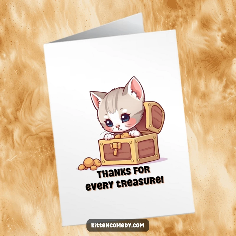 Funny Free Printable Thank You Card depicting a curious kitten peering into a tiny, open treasure chest, a perfect humorous DIY gift.
