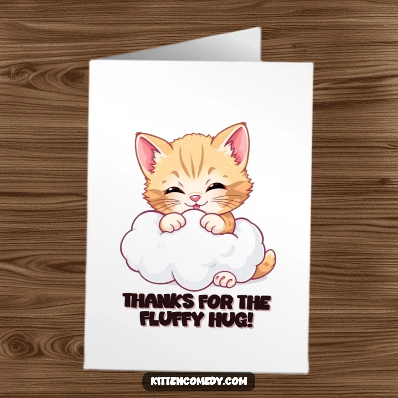Funny Free Printable Thank You Card with a joyful kitten joyfully wrestling a fluffy cloud, a perfect humorous DIY gift.