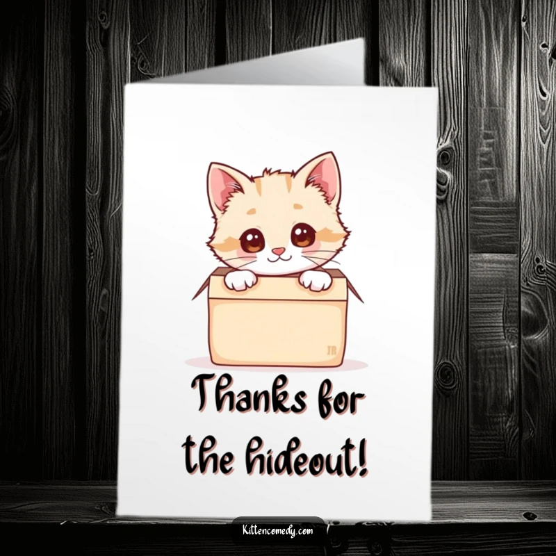 Funny Free Printable Thank You Card: A kawaii kitten peeking from a cozy box, expressing thanks with adorable charm and humor.