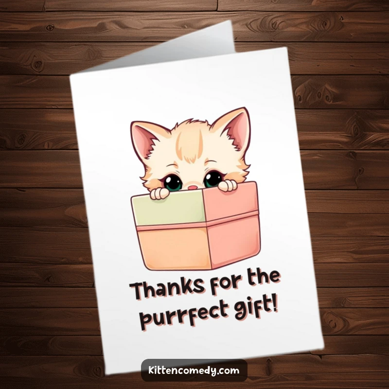 Funny free printable thank you card with a curious kitten investigating the contents of a colorful, mysterious gift box.