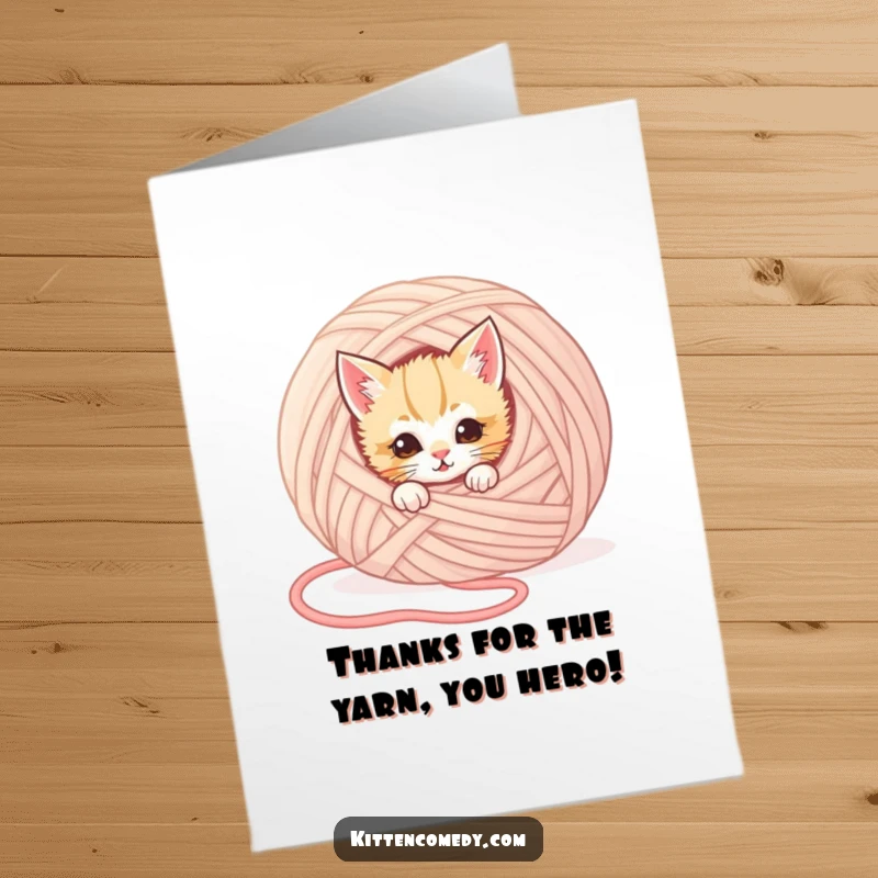 Funny Free Printable Thank You Card: A kitten peeks from behind a yarn ball, ready to thank you.