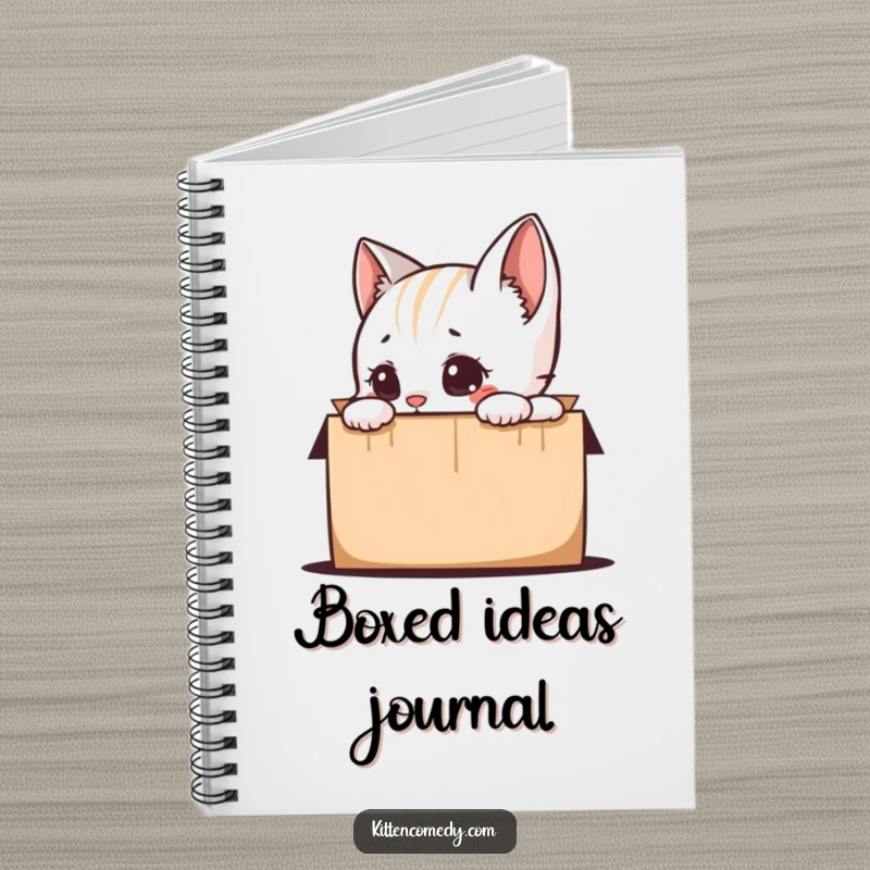 Funny kitten character with curious eyes peering into a box, on the cover of a notebook, ideal for jotting down funny thoughts and ideas.