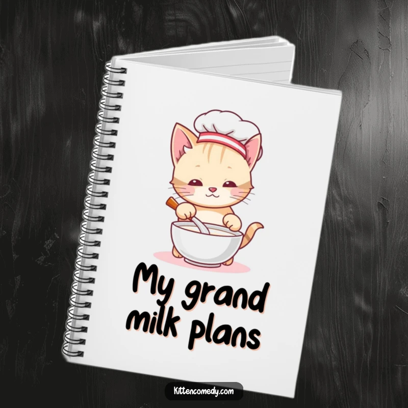 Funny chef kitten notebook, featuring a cute cat chef stirring milk, perfect for jotting down notes with a humorous and charming appeal.