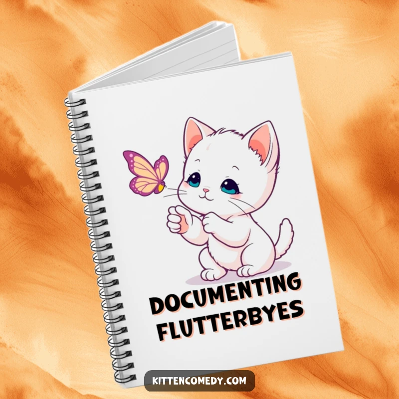 Funny Kawaii Kitten Notebook: An adorable kitten extends a gentle paw towards a fluttering butterfly, captured in a moment of wonder.