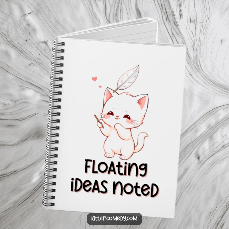 Funny kawaii kitten notebook, happily batting at a feather, cute and playful, perfect for jotting down ideas.