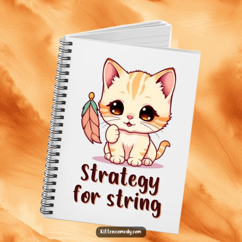 Funny Kawaii Kitten Notebook: An adorable kitten with wide eyes is depicted in a playful pose, batting at a feather.