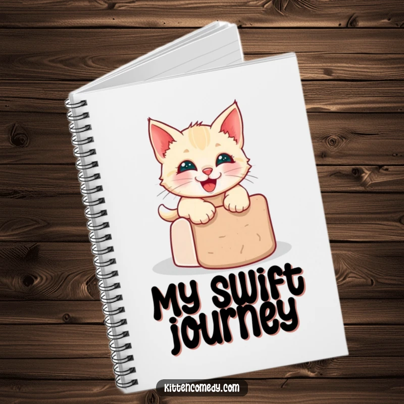 Funny kawaii kitten notebook cover featuring a grinning cat sliding down a scratching post.