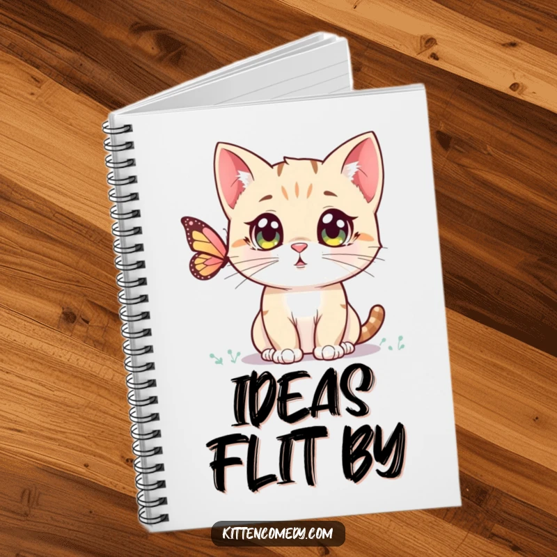 Funny Kawaii Kitten Notebook: A cute notebook with a wide-eyed kitten gazing at a butterfly, perfect for notes and doodles.