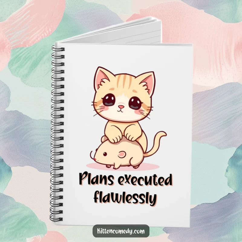 Funny Kawaii Kitten Notebook: A cute notebook featuring a playful kitten sitting on a toy mouse, ideal for notes.