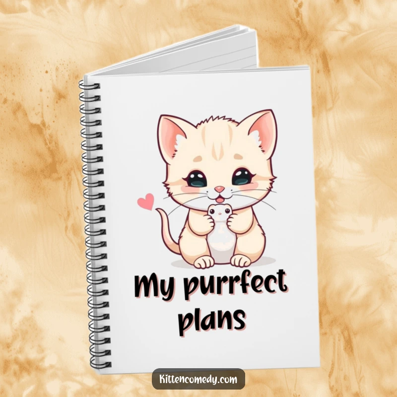 Funny notebook with a kitten offering a toy mouse with a purr, ideal for jotting down sweet thoughts and creative ideas.