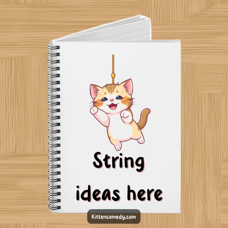 Funny kitten notebook with a cover showing a playful kitten mid-pounce on a sparkling string, designed for note-taking and humor.