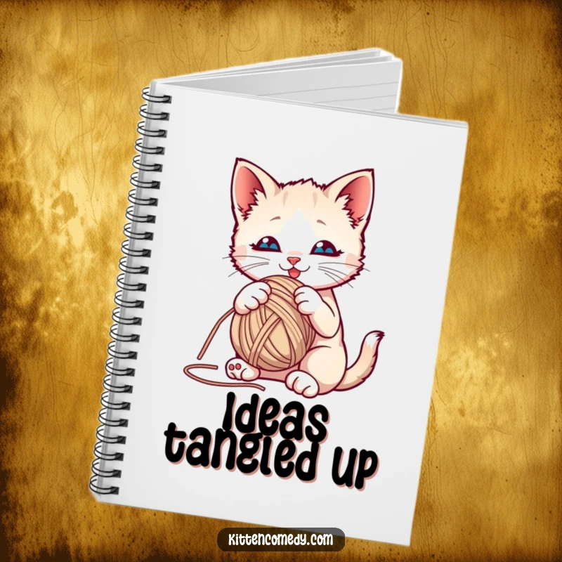 Funny kitten playfully batting at a colorful yarn ball on a notebook cover, perfect for journaling playful thoughts.