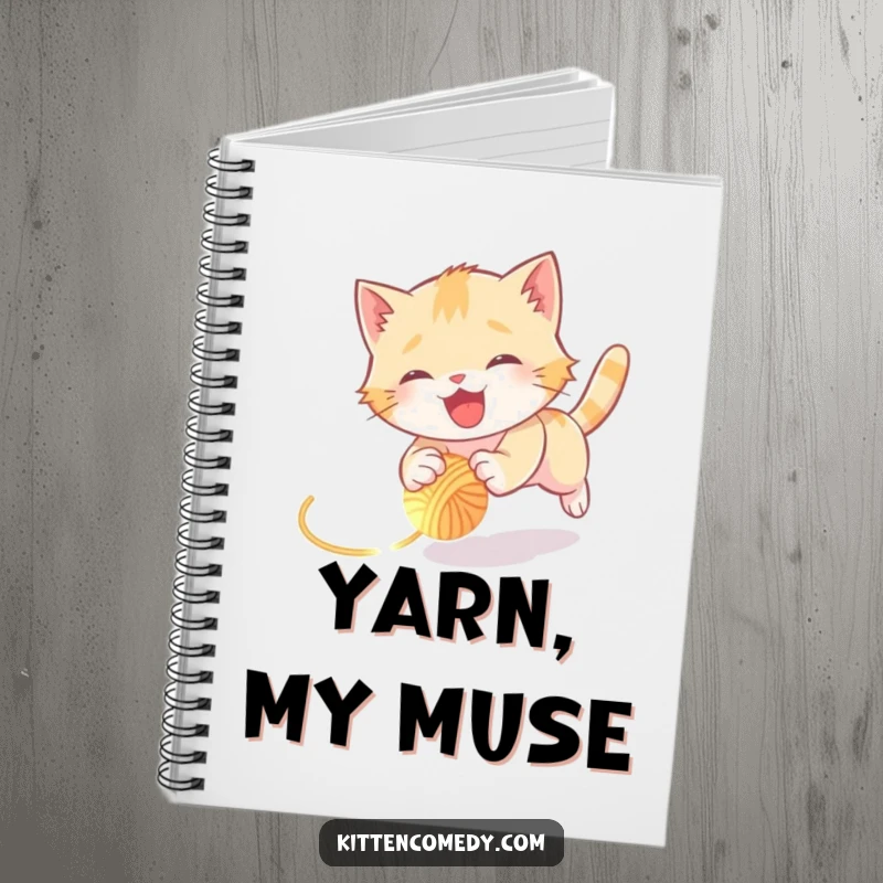 Funny kitten notebook featuring a joyful kitten tumbling while chasing a glowing yarn ball, designed for capturing notes with humor.