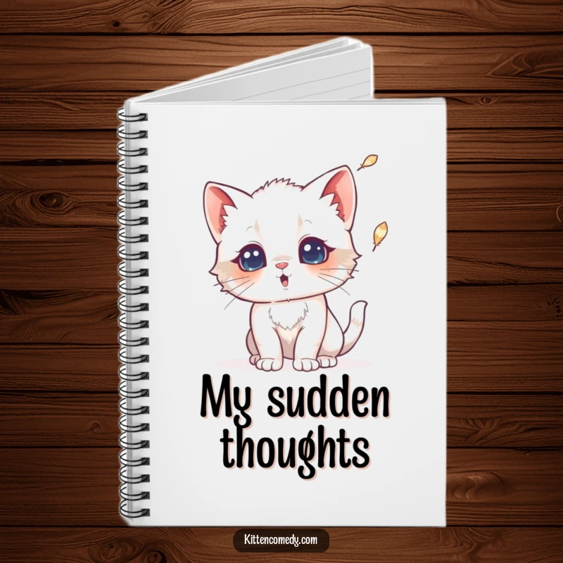 Funny notebook with a kitten looking surprised by a falling feather. Perfect for notes, doodles, and amusing thoughts.