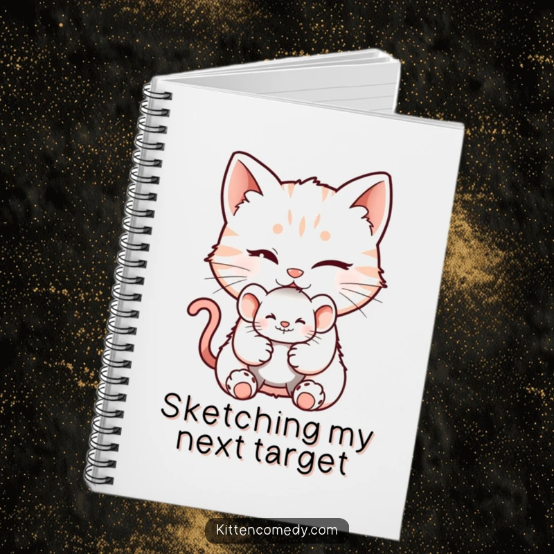 Funny notebook featuring a winking kitten character with a mischievous grin, offering a toy mouse, ideal for playful notes.