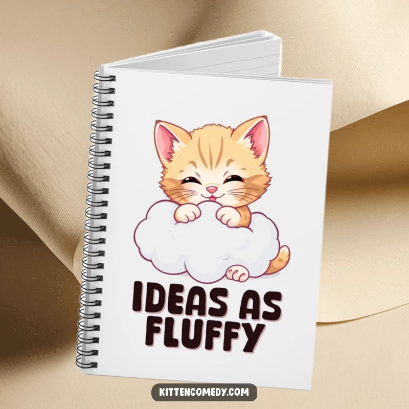 Funny cheerful kitten notebook, joyfully playing with a cloud, perfect for sketching happy thoughts and ideas.