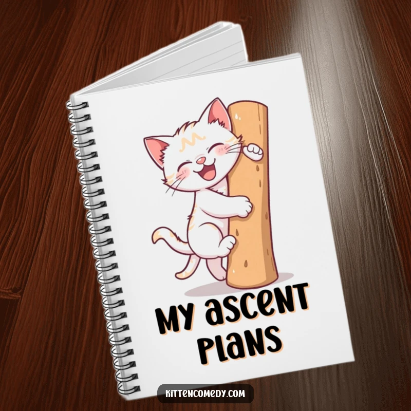 Funny notebook with a kitten gleefully climbing a scratching post. Perfect for notes, doodles, and feline-inspired thoughts.