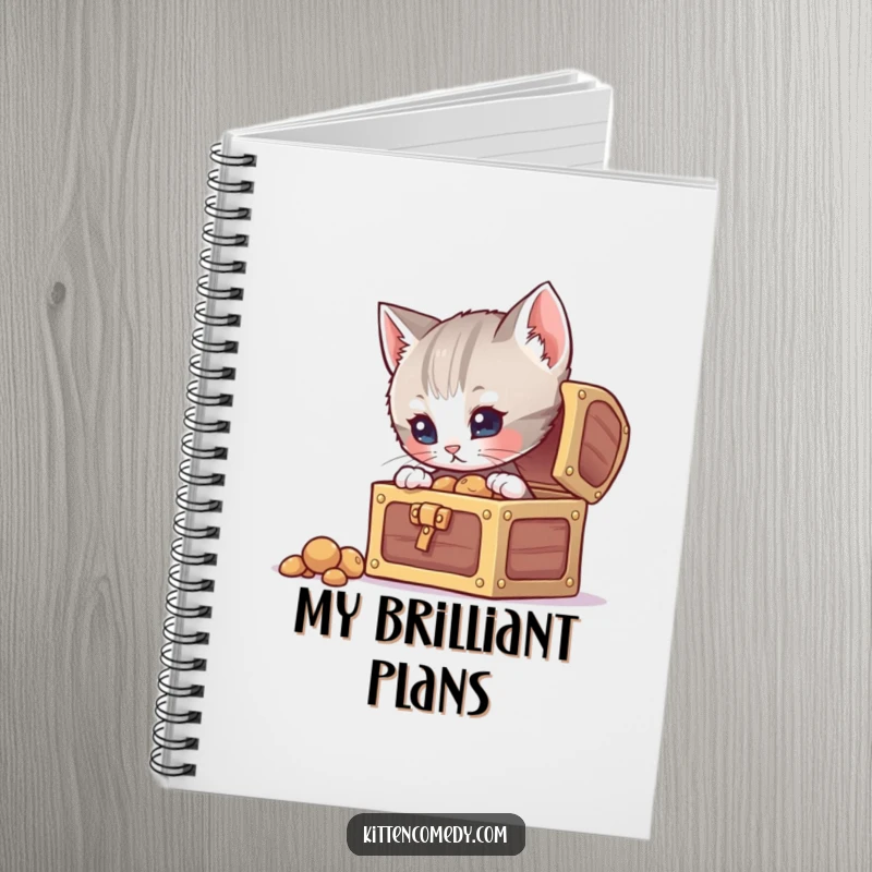 Funny curious kitten notebook, peeking into a treasure chest, ideal for jotting down brilliant ideas and secrets.