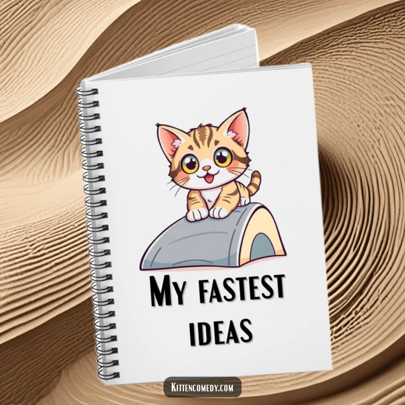 Funny sliding kitten notebook, a kitten with wide eyes sliding down a ramp, designed for jotting down notes with a humorous sense of motion.