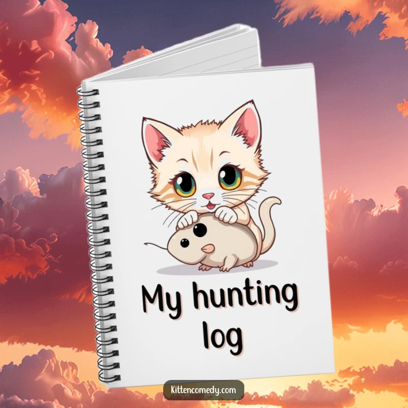 Funny kitten with wide eyes pouncing on a toy mouse on a notebook cover, perfect for journaling focused thoughts.