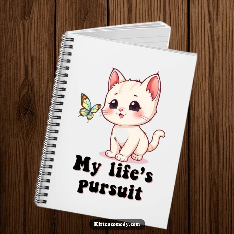 Funny, wide-eyed kawaii kitten in mid-chase after a shimmering butterfly, gracing the cover of this fun notebook.