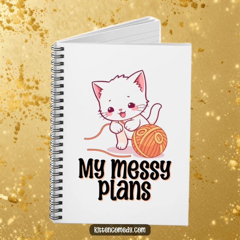 Funny kawaii kitten notebook, chasing a ball of yarn, cute and playful, perfect for jotting down ideas.