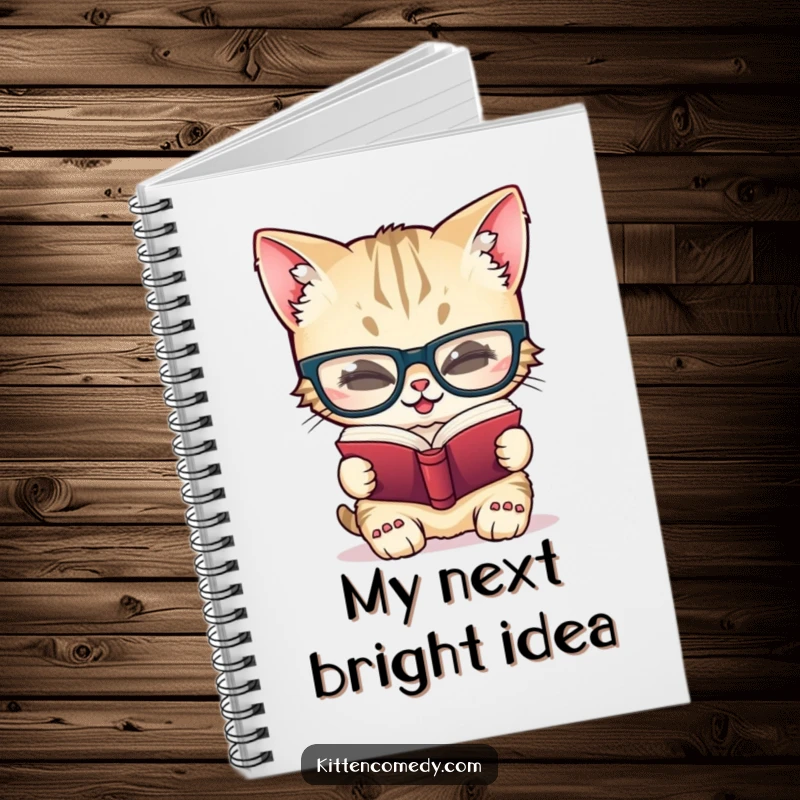 Funny notebook with a giggling kitten character in oversized glasses reading a tiny book, inspiring smart note-taking.