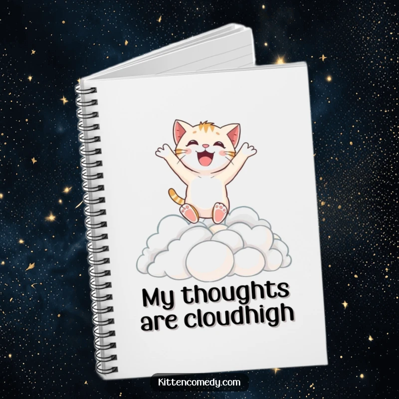 Funny notebook showcasing an excited kitten character leaping into clouds, perfect for capturing creative thoughts with a joyful flair.
