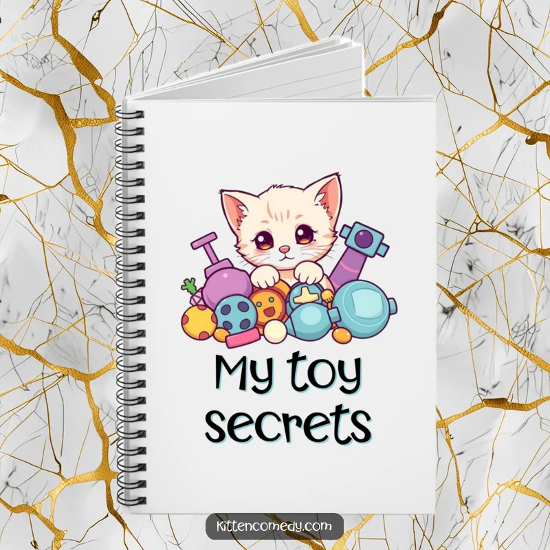 Funny Kawaii Kitten Notebook: A cute kitten playfully peeking from behind toys, ready for notes.