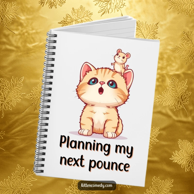 Funny surprised kitten notebook, wide-eyed and astonished, observing a toy mouse, ideal for jotting down funny thoughts and notes.