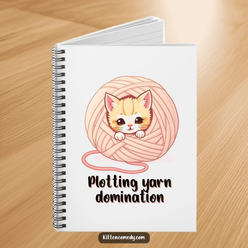 Funny kitten notebook with a cover showing a mischievous kitten peeking from behind a large ball of yarn, designed for notes.