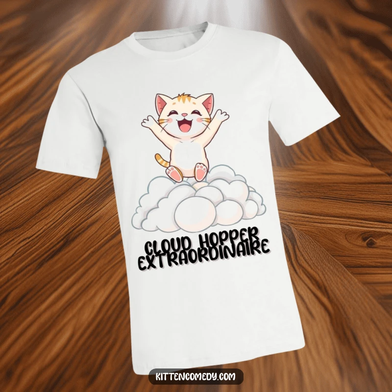 Funny t-shirt showcasing an excited kitten character mid-air, leaping gleefully into a soft cloud formation, expressing pure euphoria.