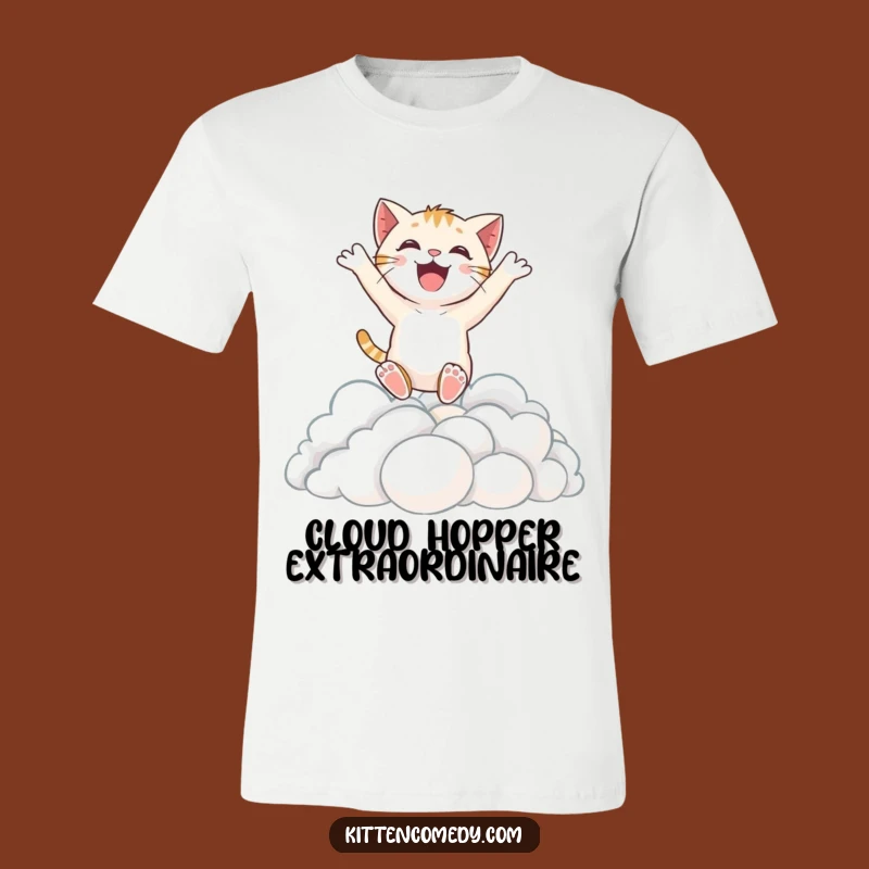 Funny Excited Kitten Cloud Leap T-Shirt for Whimsical and Joyful Souls