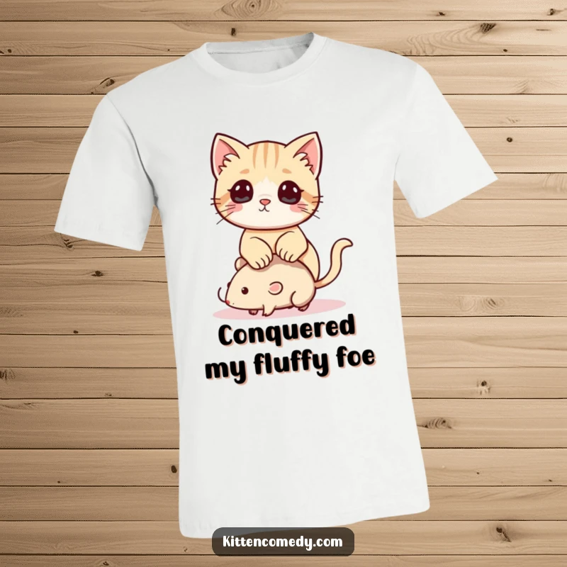 Funny Kawaii Kitten T-Shirt: A cute kitten humorously perches on a small toy mouse, depicting playful hunting.