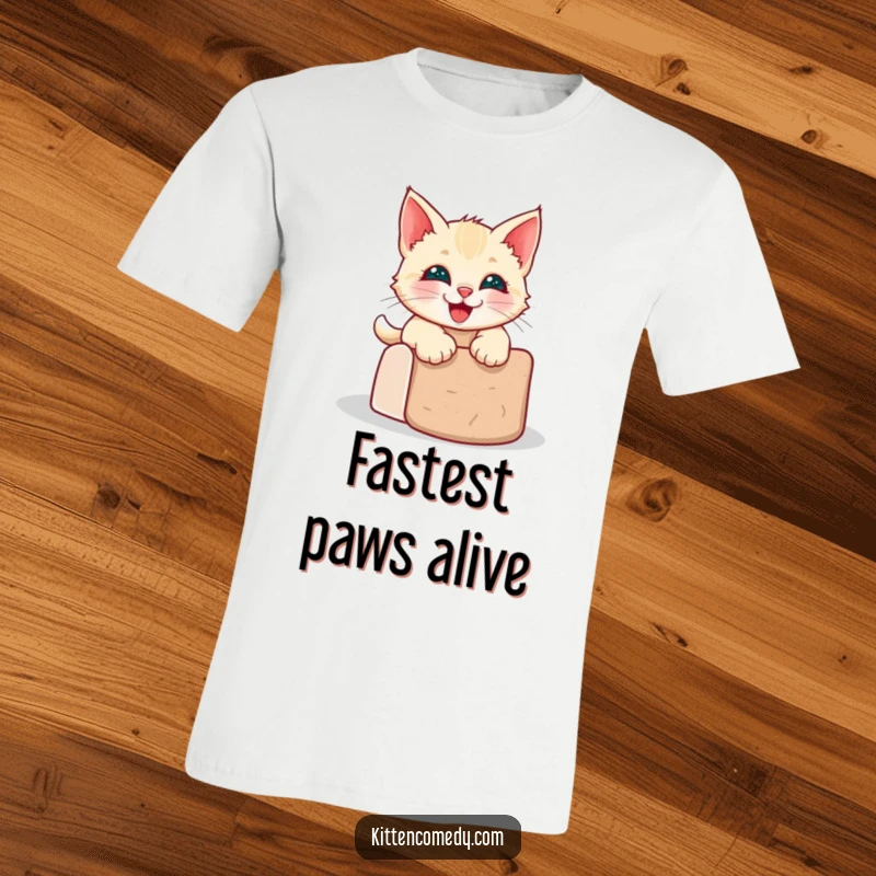 Funny kawaii kitten t-shirt with a wide grin, captured mid-slide on a scratching post.
