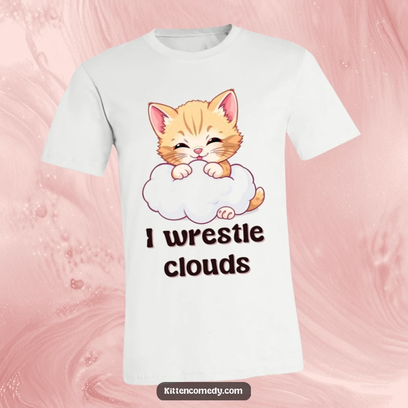 Funny cheerful kitten t-shirt, joyfully playing with a soft cloud, showcasing delightful and lighthearted feline antics.