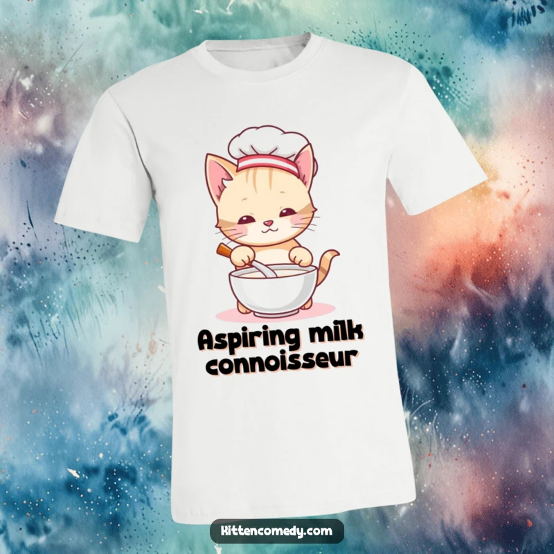 Funny chef kitten t-shirt, sporting a chef hat, enthusiastically stirring a bowl. This design captures a humorous and adorable cooking moment.