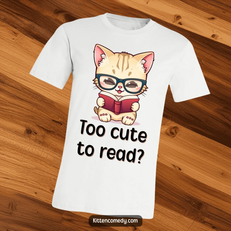 Funny t-shirt featuring a giggling kitten character sporting oversized glasses while intensely reading a miniature book, looking quite studious.
